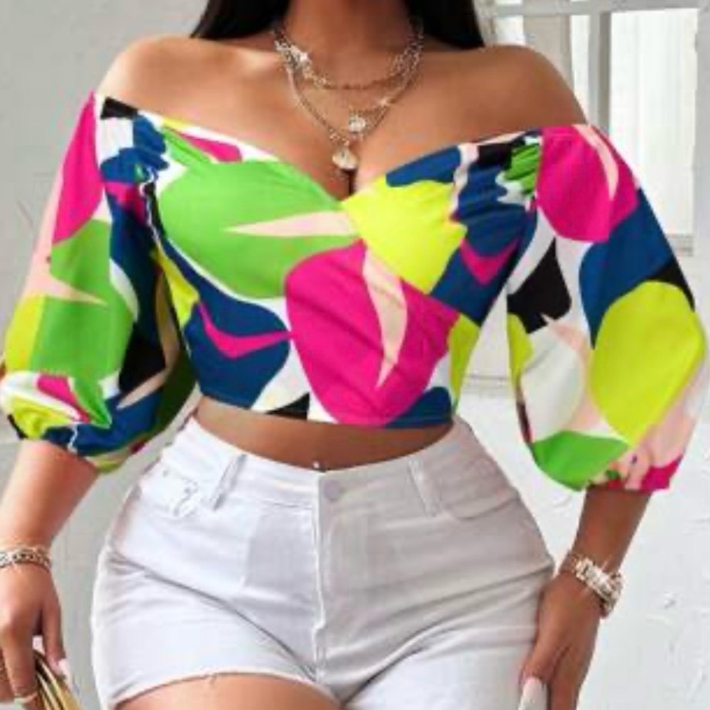 Off-Shoulder Multicolor Abstract Crop Top